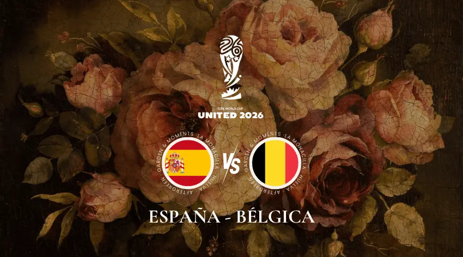 Cartel del partido España - Bélgica del Mundial 2026, retransmitido en la terraza de Aftergreen, La Monacilla (Huelva)