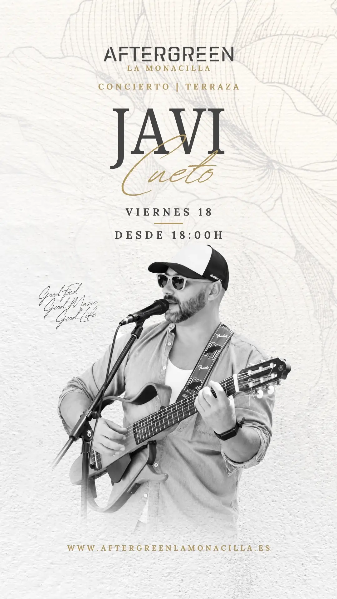 Concierto acústico de Javi Cueto en la terraza de AFTERGREEN, el restaurante con encanto en Huelva. Viernes 18 de septiembre, 18:00h. Reserva tu mesa.