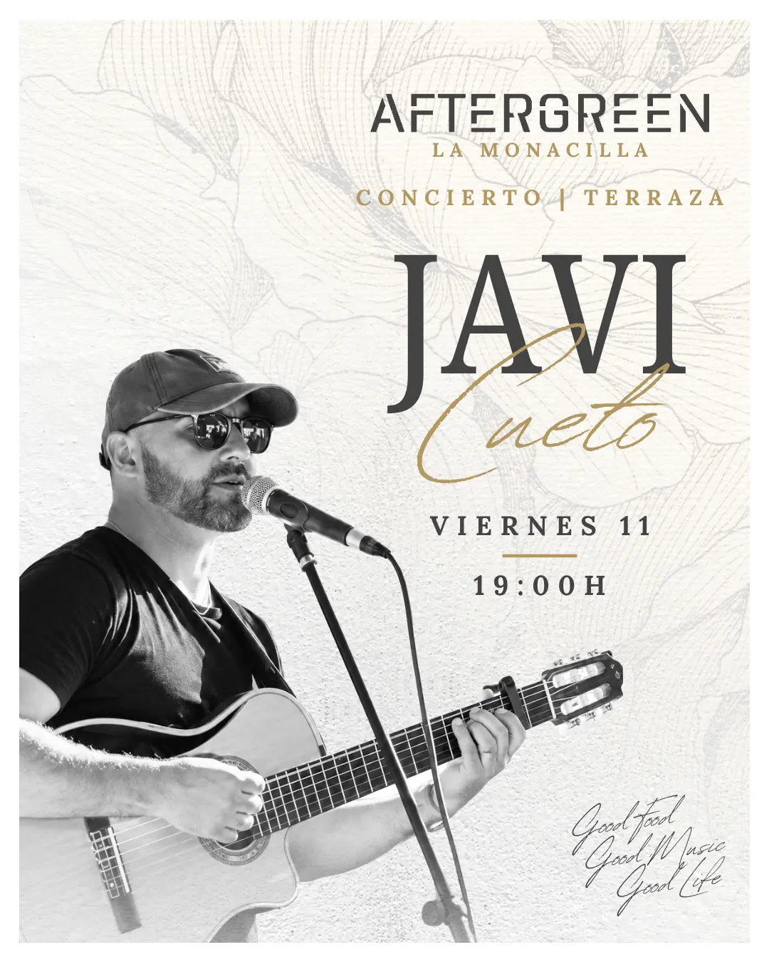 Concierto acústico de Javi Cueto en la terraza de AFTERGREEN, el restaurante con encanto en Huelva. Viernes 11 de septiembre, 19:00h. Reserva tu mesa.